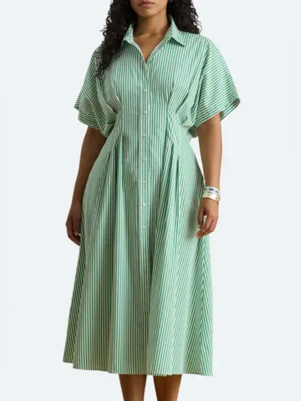 Ralph Lauren Pleated Cotton Green and White Striped Midi Summer Shirt Dress